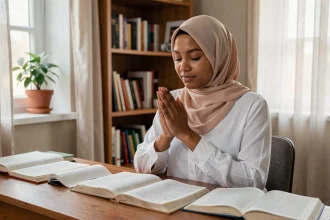 Jeune femme en hijab priant avant ses examens, assise à un bureau couvert de livres et de notes manuscrites