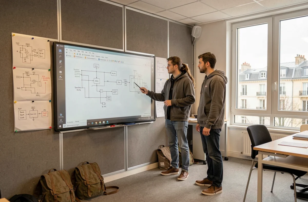 Groupe d'étudiants en ingénierie collaborant sur un projet dans une salle de travail de l'ECE Paris
