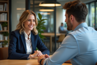 Deux professionnels en discussion dans un bureau moderne