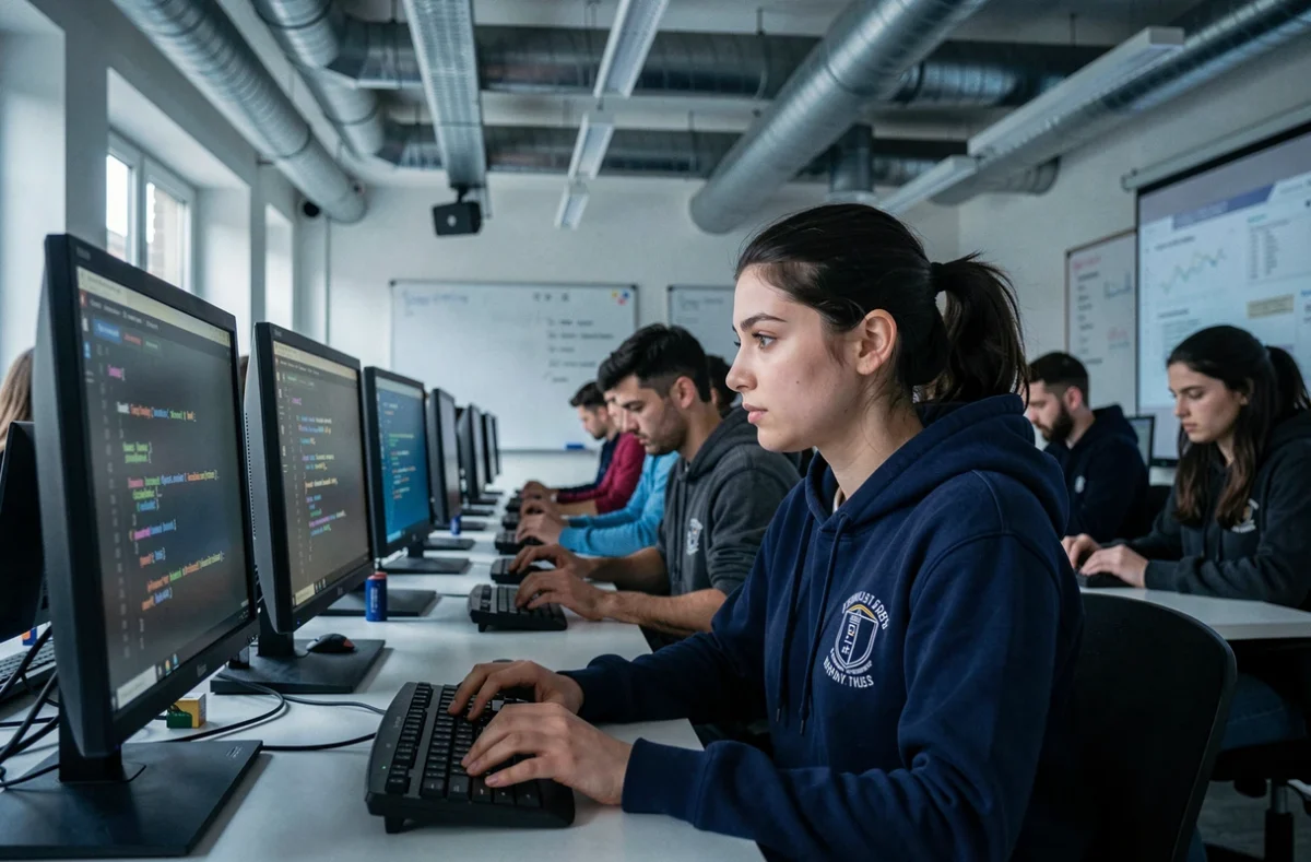 Étudiante en informatique travaillant sur du code dans un laboratoire informatique de l'EFREI Paris