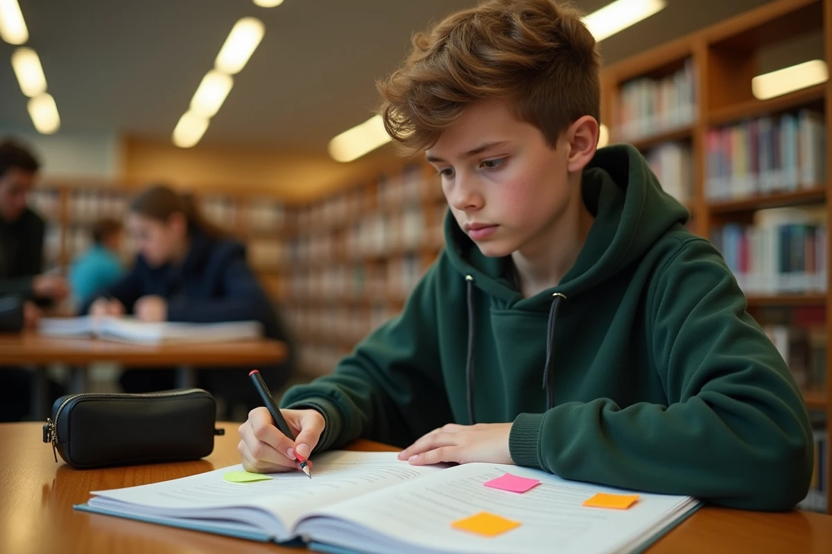 Adolescent en bibliothèque travaillant sur un exercice de classes grammaticales avec des fiches et des post-it colorés