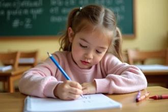 Jeune élève de CP écrivant un Q majuscule attaché en cursive dans son cahier ligné en classe