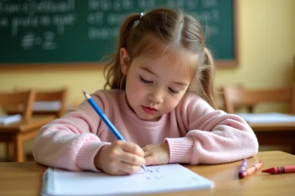 Jeune élève de CP écrivant un Q majuscule attaché en cursive dans son cahier ligné en classe