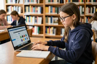Élève lycéenne utilisant l'ENT sur un ordinateur portable dans une bibliothèque scolaire