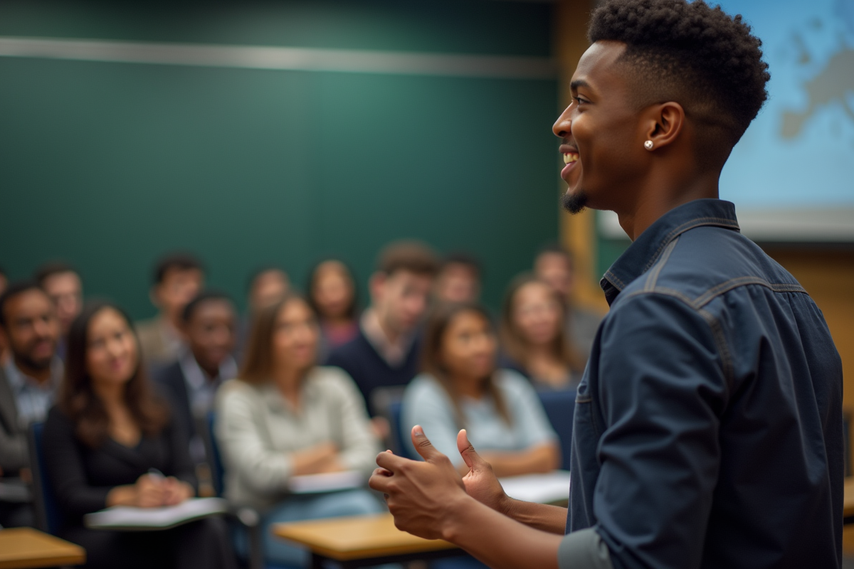 Elève confiant présentant un projet en salle de classe