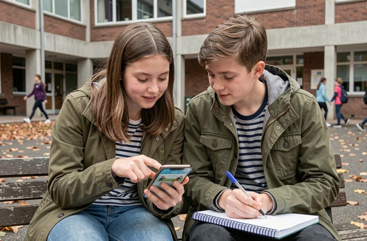 Deux élèves consultant l'ENT sur un smartphone dans la cour du lycée pendant la pause