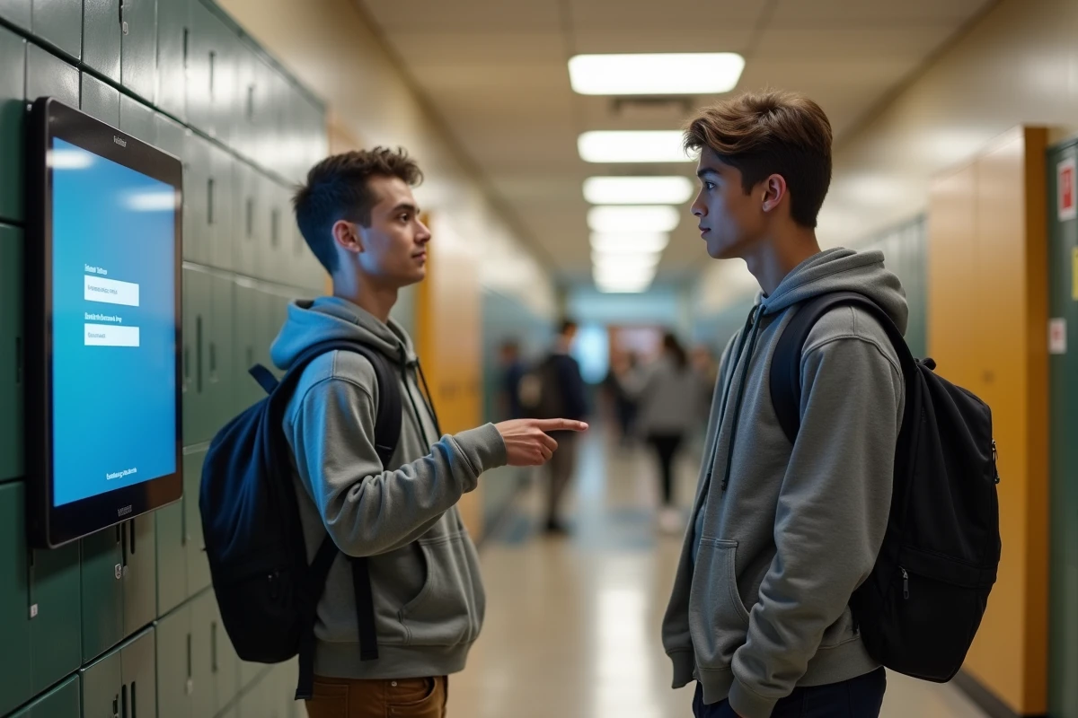 Deux élèves consultant un kiosque numérique scolaire pour accéder au portail mycampus eduservices depuis le réseau de l'école