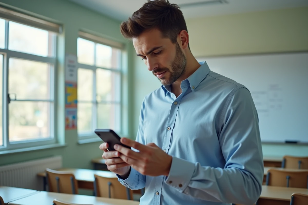 Enseignant consultant son téléphone pour résoudre un problème de connexion à Arena Académie Montpellier en classe