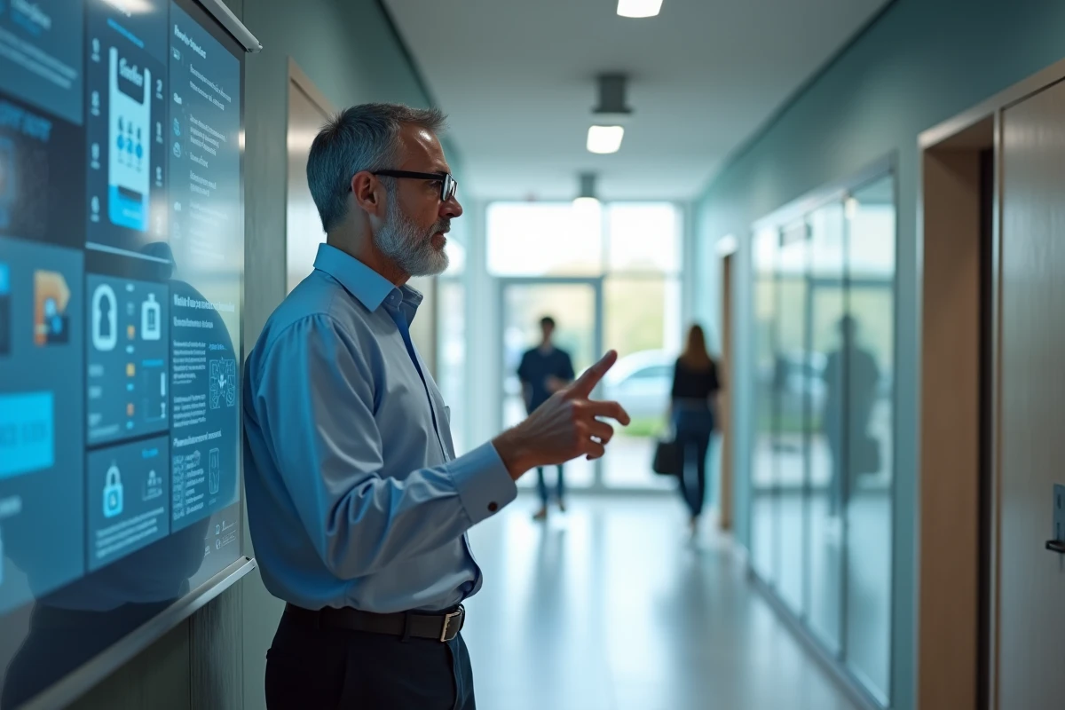 Professeur montrant le portail ENT sur un écran dans un couloir universitaire