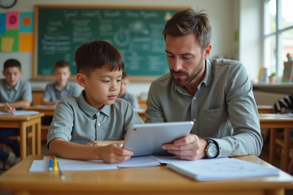 Enseignant du primaire accompagnant un élève dans la consultation de son livret scolaire numérique sur tablette en classe