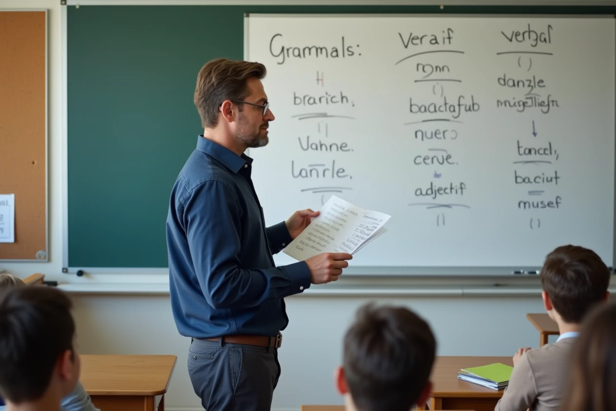 Enseignant devant un tableau blanc avec des catégories grammaticales écrites, tenant une fiche d'exercices en classe