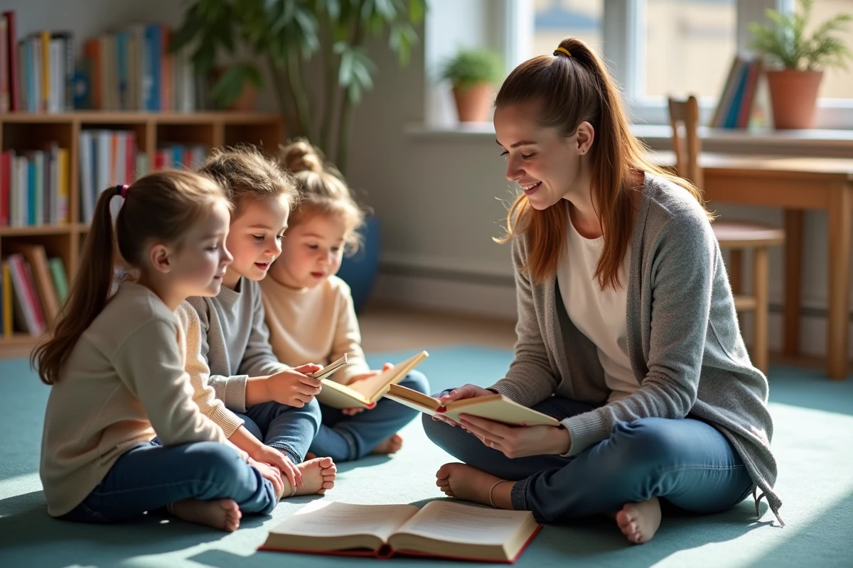 Enseignante guidant des enfants dans la lecture en bibliothèque