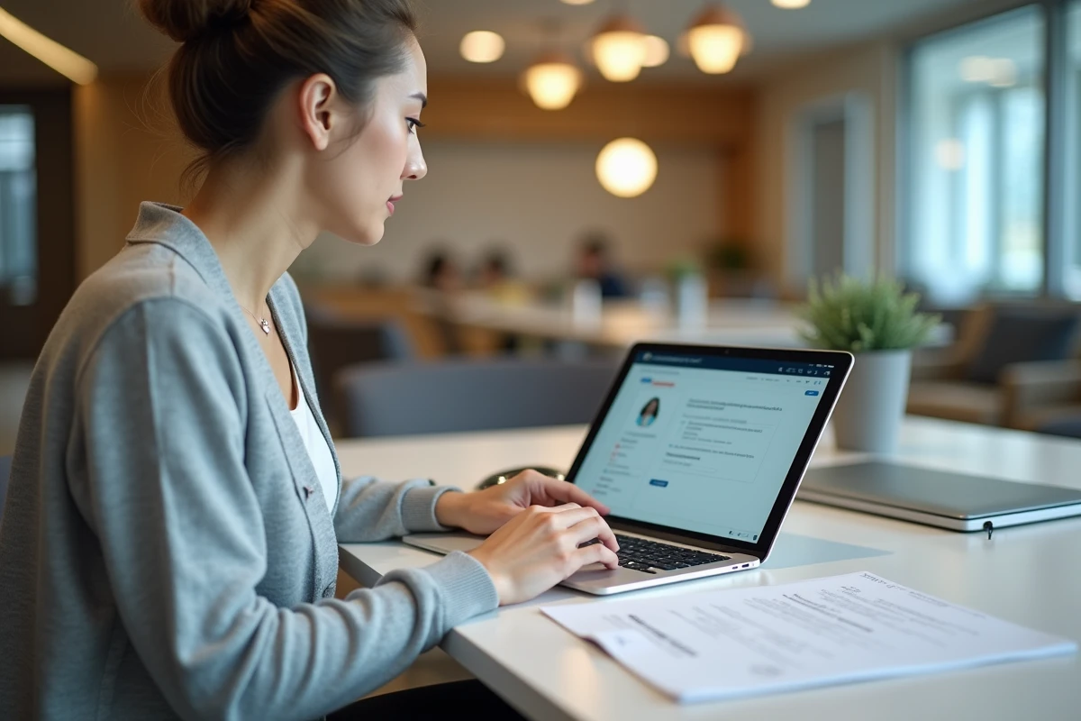 Jeune enseignante déposant des devoirs et des notes sur l'ENT UPHF depuis une tablette dans un espace collaboratif