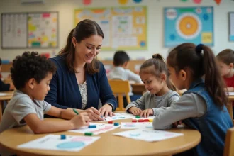 Enseignante spécialisée ULIS accompagnant des élèves en situation de handicap dans une salle de classe inclusive de primaire