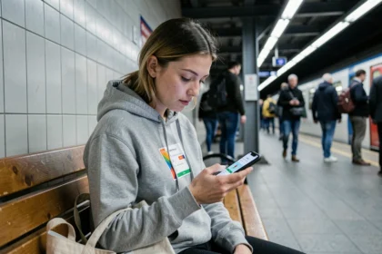 Jeune femme s'entraînant aux tests psychotechniques sur smartphone dans une station de métro pendant une pause