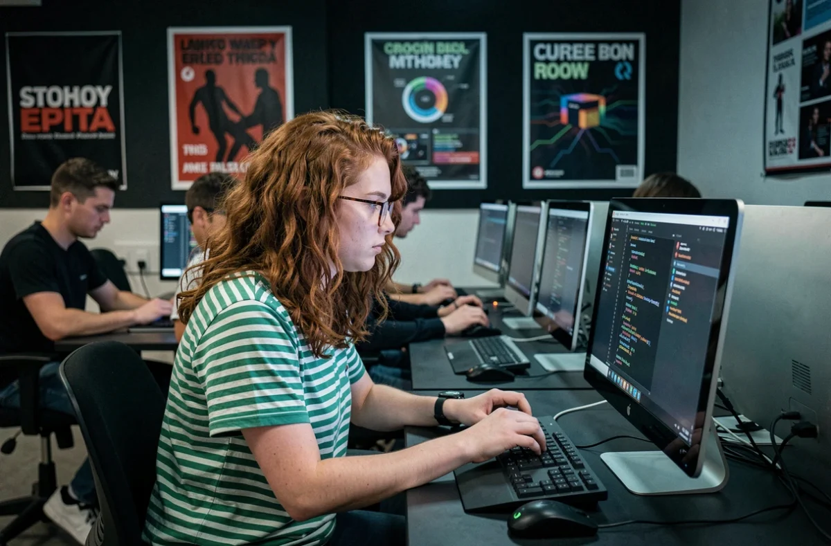 Étudiante en train de déboguer du code dans une salle de programmation intensive à l'EPITA