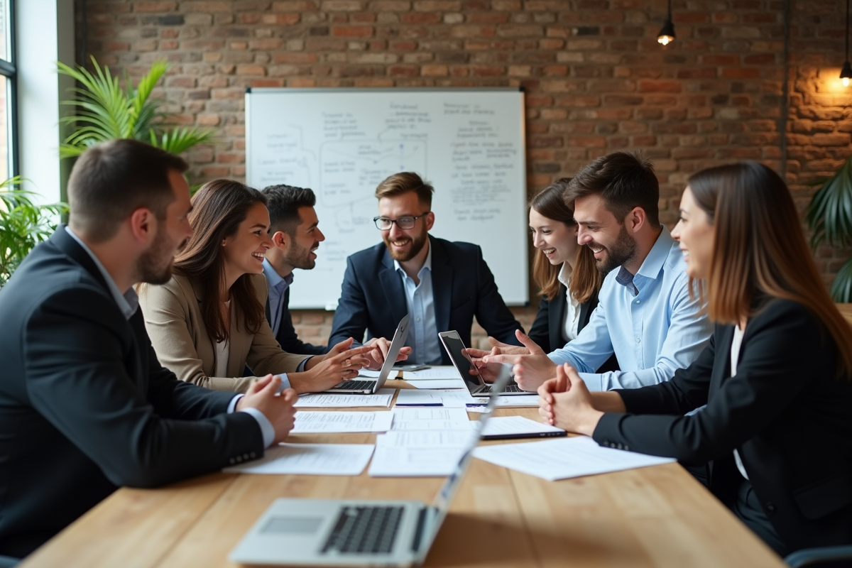 Groupe de professionnels discutant autour d