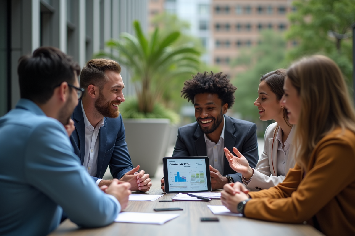 Groupe de jeunes professionnels en discussion en extérieur