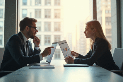 Deux professionnels en réunion stratégique dans un bureau lumineux