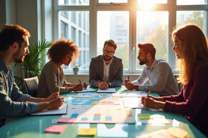 Equipe de professionnels analysant des graphiques marketing dans un bureau lumineux