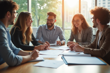 Groupe de professionnels dans un bureau moderne discutant