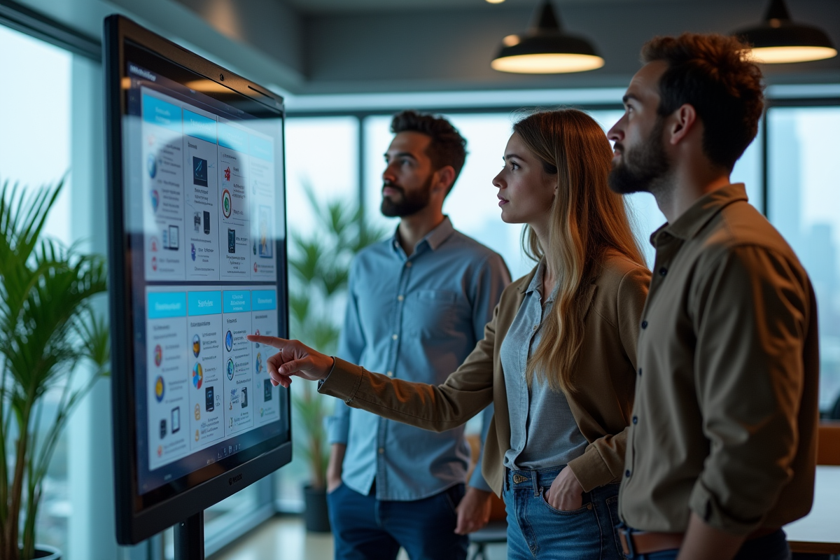 Groupe de professionnels marketing collaborant autour d un ecran