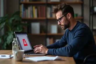 Homme frustré face à une erreur de connexion sur son ordinateur portable dans un bureau à domicile