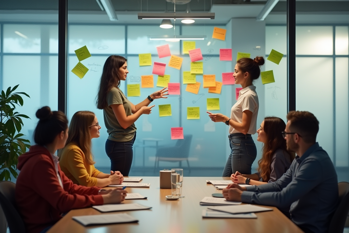 Groupe de collègues collaborant autour d un mur de notes colorées