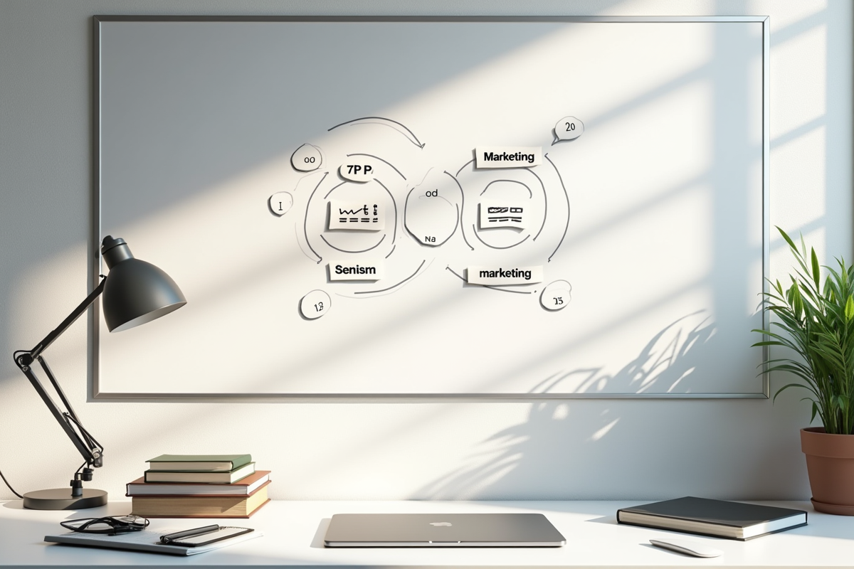 Espace de travail créatif avec tableau blanc et diagrammes marketing