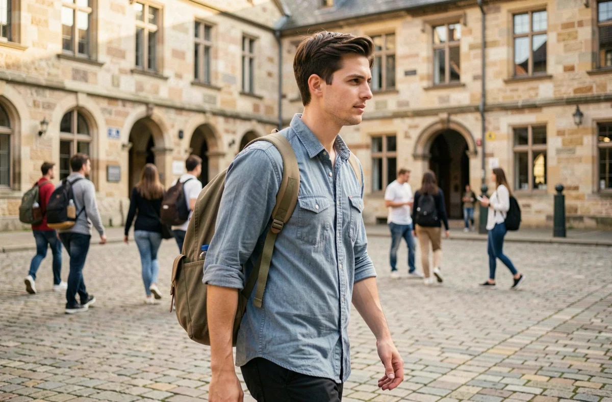 Étudiant en programme international marchant sur un campus européen historique, représentant la mobilité des grandes écoles de commerce françaises à l'étranger