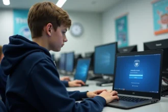 Étudiant connecté au portail mycampus eduservices depuis un ordinateur portable dans une salle informatique d'école