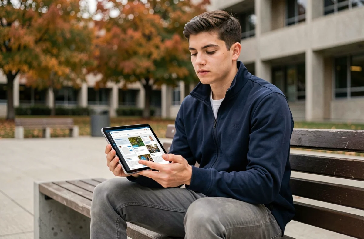 Étudiant consultant ses cours en ligne sur tablette dans la cour du campus de Paris Nanterre