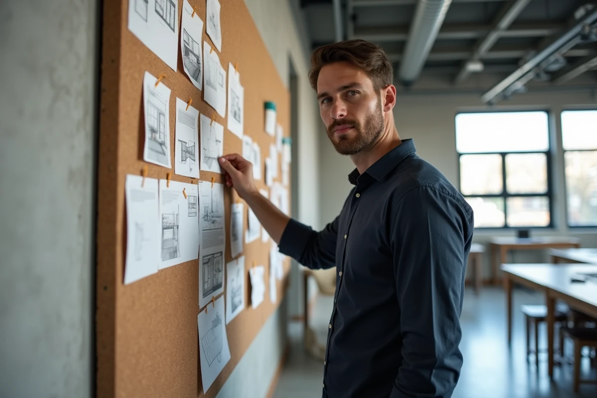 Étudiant décorateur épinglant des rendus et croquis de projets sur un tableau en liège dans un studio de formation en design d'intérieur