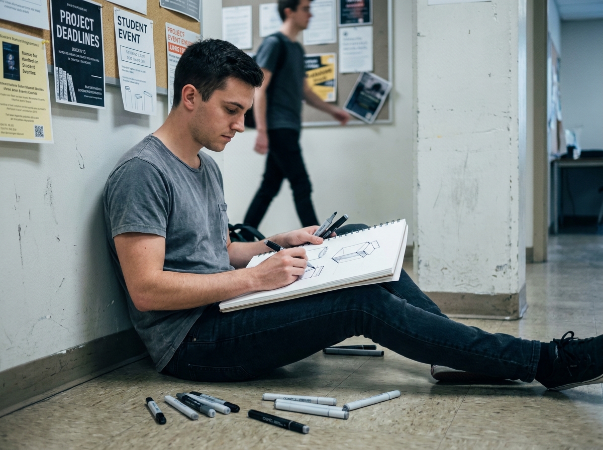 Étudiant en design graphique dessinant des maquettes d'emballage au marqueur dans un couloir d'école de design, entouré de croquis et de matériel créatif