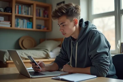 Étudiant en étude dans une chambre universitaire