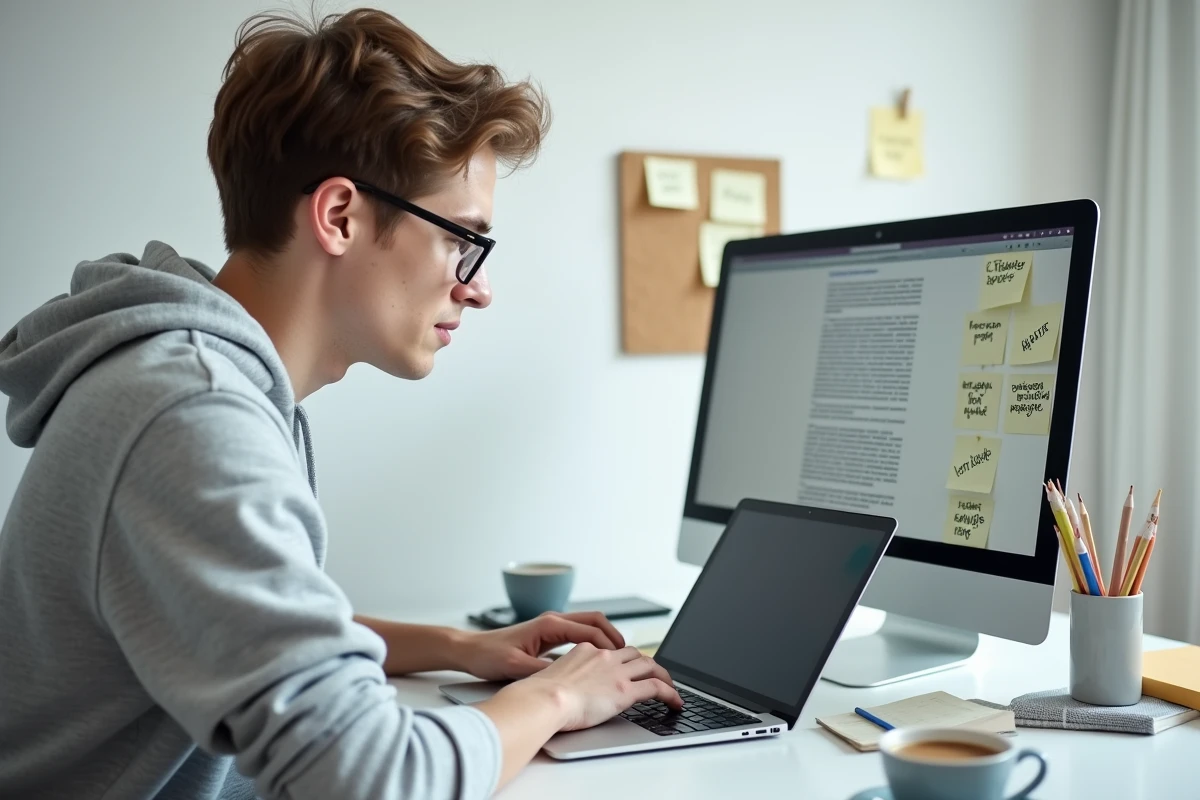 Étudiant rédigeant une introduction structurée avec des figures de style au bac de français