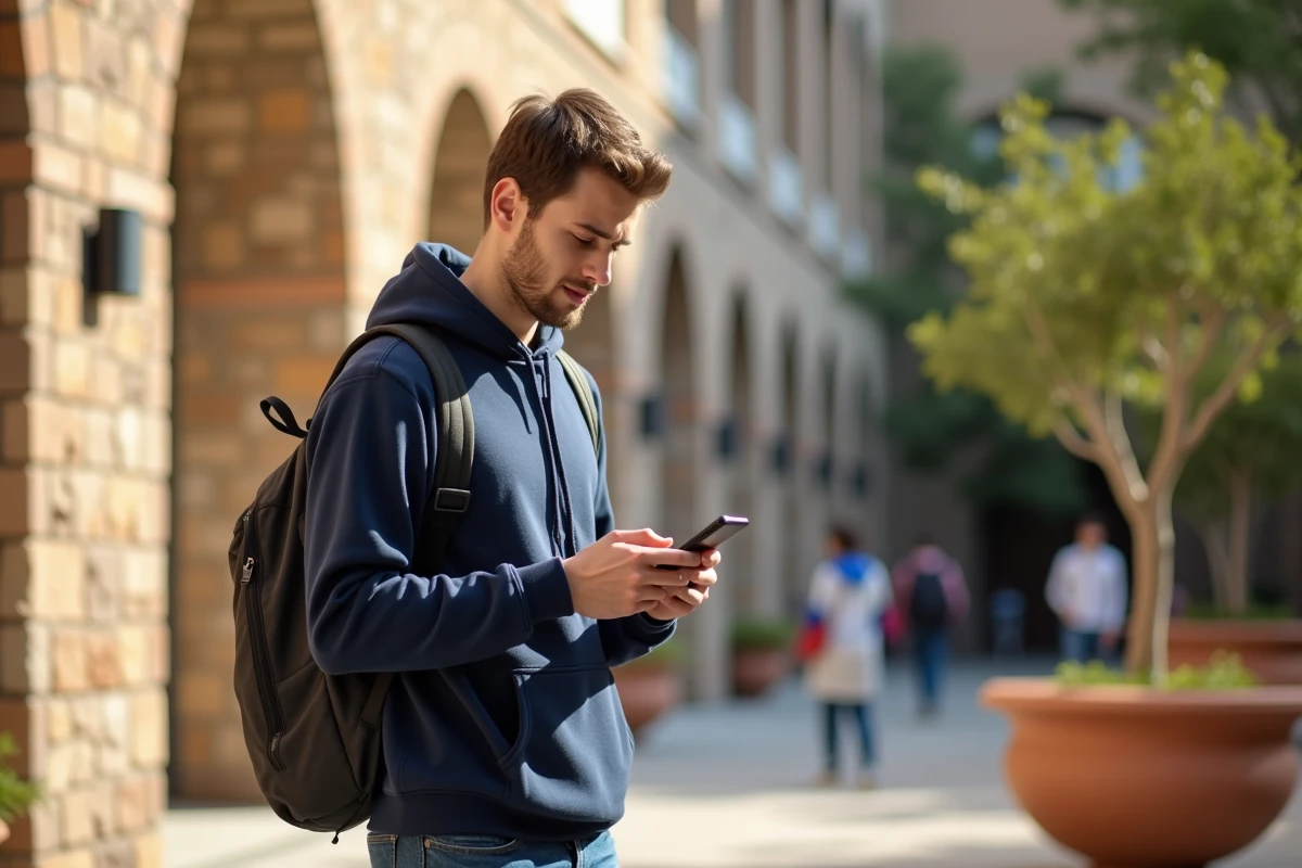 Étudiant vérifiant un message de la messagerie académique Aix Marseille sur son smartphone devant le campus universitaire
