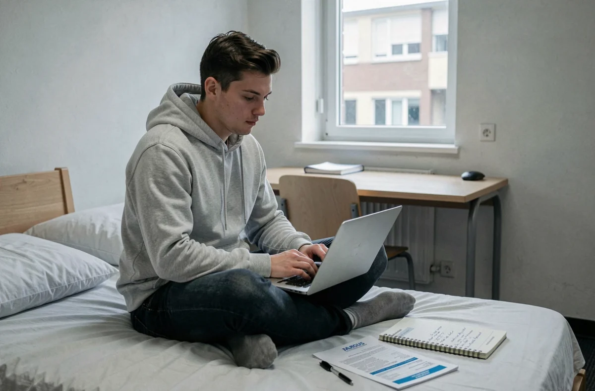 Étudiant consultant un simulateur de bourse CROUS en ligne avec son avis fiscal sur son lit de résidence universitaire