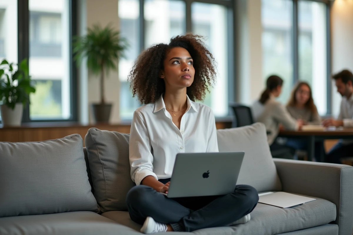 Étudiante en alternance développement web consultant son code sur un laptop dans un espace universitaire moderne