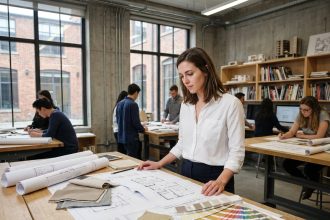 Étudiante en architecture d'intérieur travaillant sur des plans et des échantillons de matériaux dans un studio de design moderne
