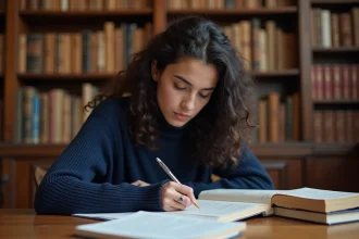 Étudiante en français prenant des notes sur les figures de style pour préparer son bac de français
