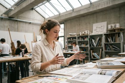 Étudiante en illustration travaillant sur des croquis de concept art dans un atelier d'école d'art française