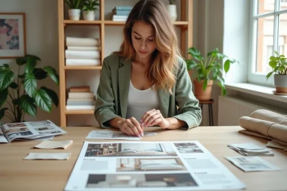 Étudiante en décoration intérieure constituant un portfolio avec des échantillons de tissus et des planches de tendances sur un bureau en bois dans un atelier créatif