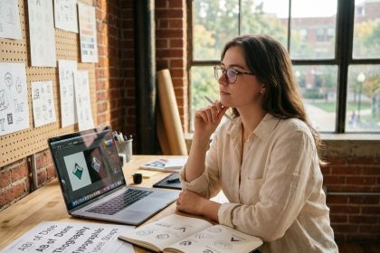Étudiante en design graphique travaillant sur Adobe Illustrator dans un studio universitaire avec des planches de typographie et des maquettes sur son bureau