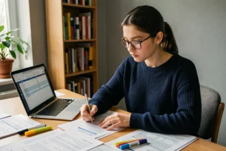 Étudiante remplissant un dossier de bourse CROUS sur son bureau avec des documents administratifs et un ordinateur portable