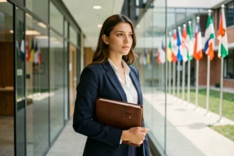 Étudiante en école de commerce tenant un portfolio dans un couloir moderne avec drapeaux internationaux, illustrant les opportunités d'études à l'étranger