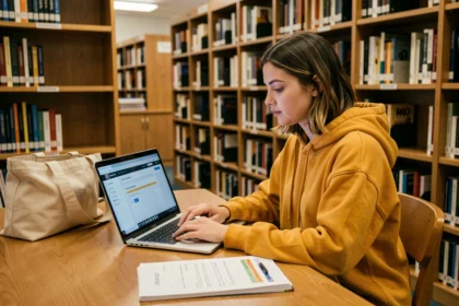 Étudiante connectée à l'ENT Paris Nanterre sur son ordinateur portable dans une bibliothèque universitaire