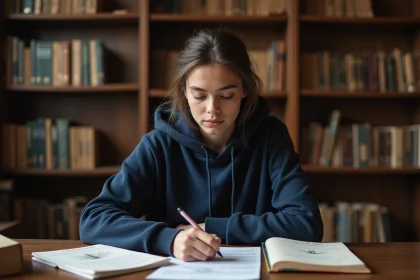 Étudiante en prépa BCPST révisant ses cours de biologie et géologie dans une bibliothèque universitaire