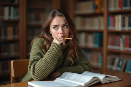 Étudiante qui révise la grammaire française avec des livres ouverts sur un bureau en bois dans une bibliothèque universitaire