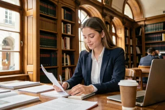 Étudiante de Sciences Po Bordeaux prenant des notes dans une bibliothèque universitaire classique